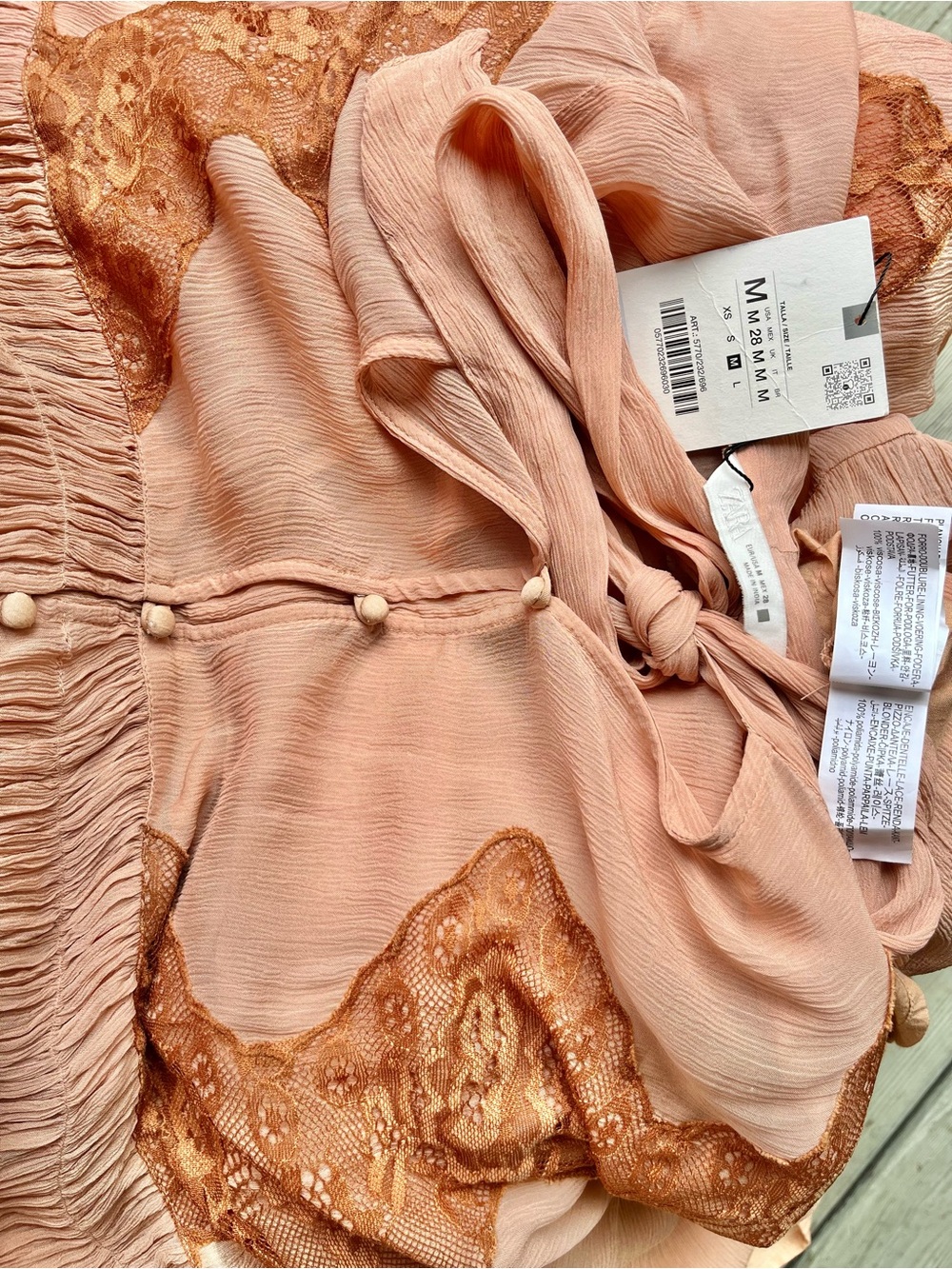Zara Maxi Lace Dress Crinkle Long Rouched Sleeves High Tie Bow Collar V-Neck Med - Picture 16 of 16